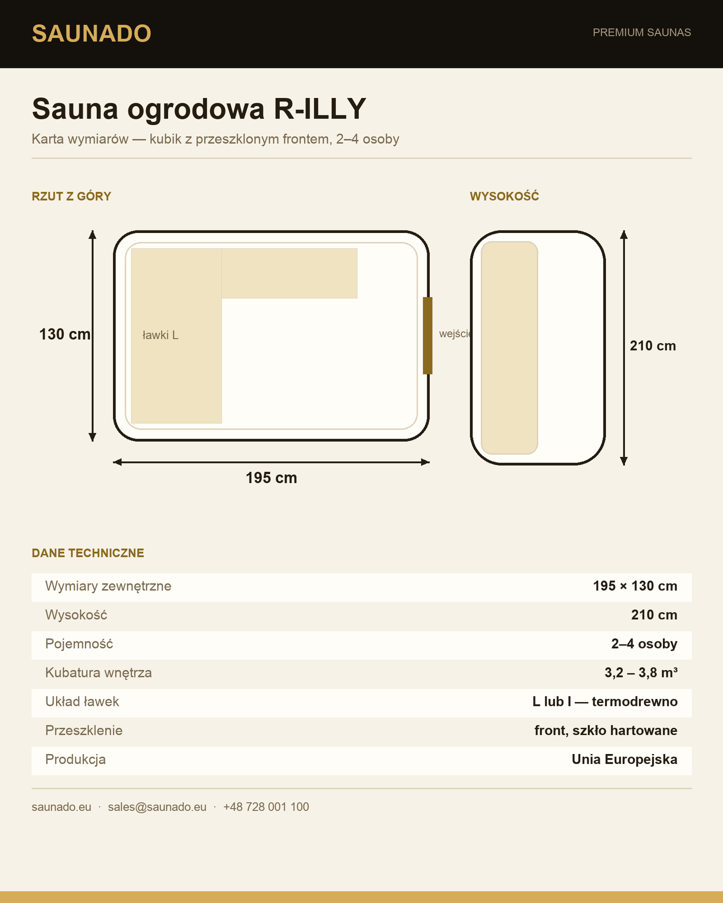 Karta wymiarów sauny ogrodowej R-ILLY — rzut 195 × 130 cm, wysokość 210 cm, dla 2–4 osób