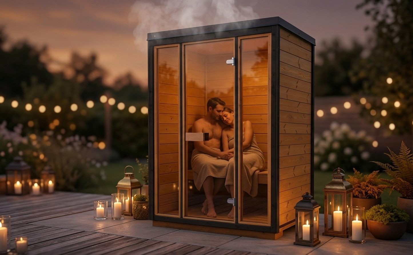 Sauna wewnętrzna CUBE ELLA — wieczorem na tarasie, świece i girlanda świateł