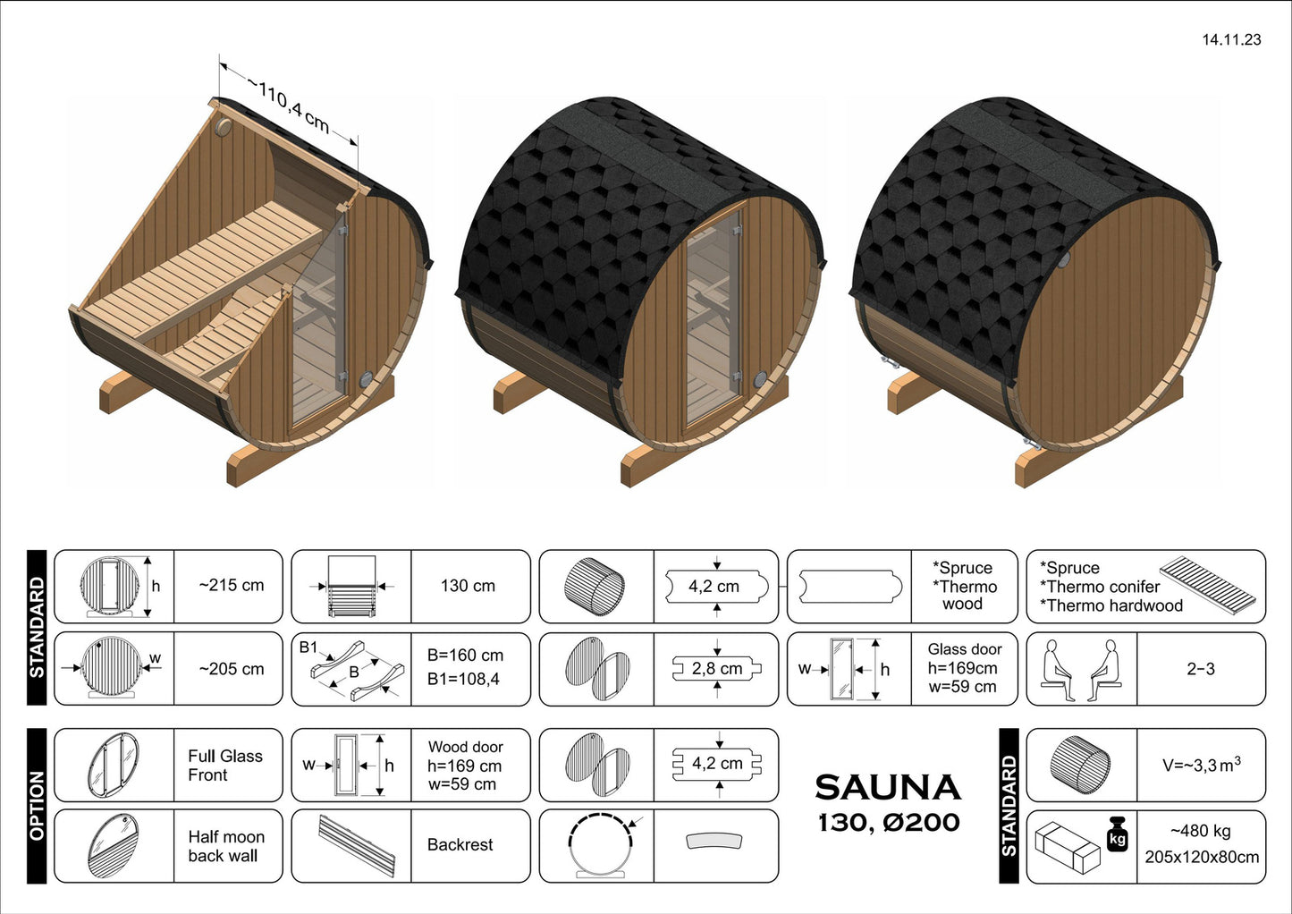 Sauna zewnętrzna ogrodowa beczka EDA 130 dla 2-4 osób