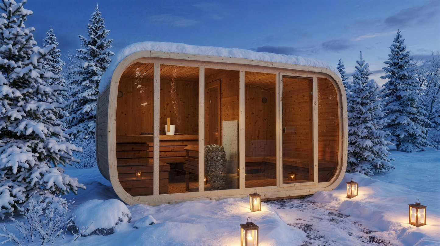 Sauna zewnętrzna R-KLAAR W2 — zimowy wieczór w ogrodzie, ośnieżony dach i lampiony