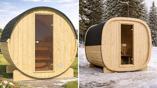 Barrel sauna and cube sauna side by side in a garden - SAUNADO