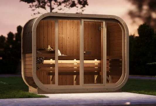 Modern garden sauna in a UK garden at sunset (visualisation)