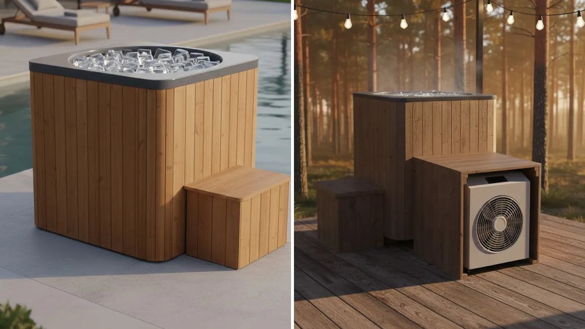 Two SAUNADO cold plunge tubs: Ice Bath 100 in thermowood filled with ice by a pool, and the ICON Cold Plunge with built-in chiller on a forest deck