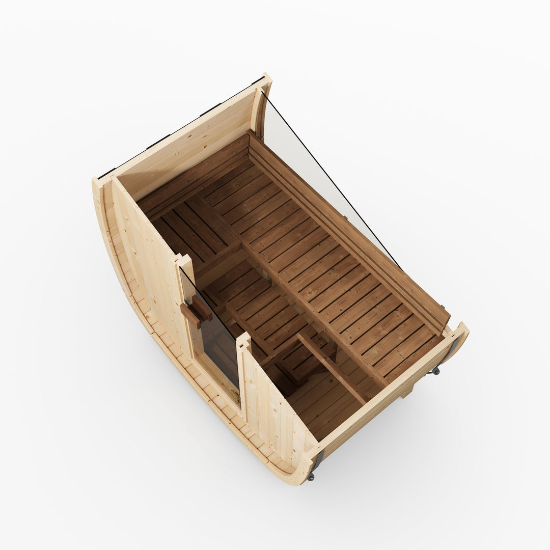 Interior of a compact outdoor sauna with wooden bench and glass door, used for a sauna health benefits guide