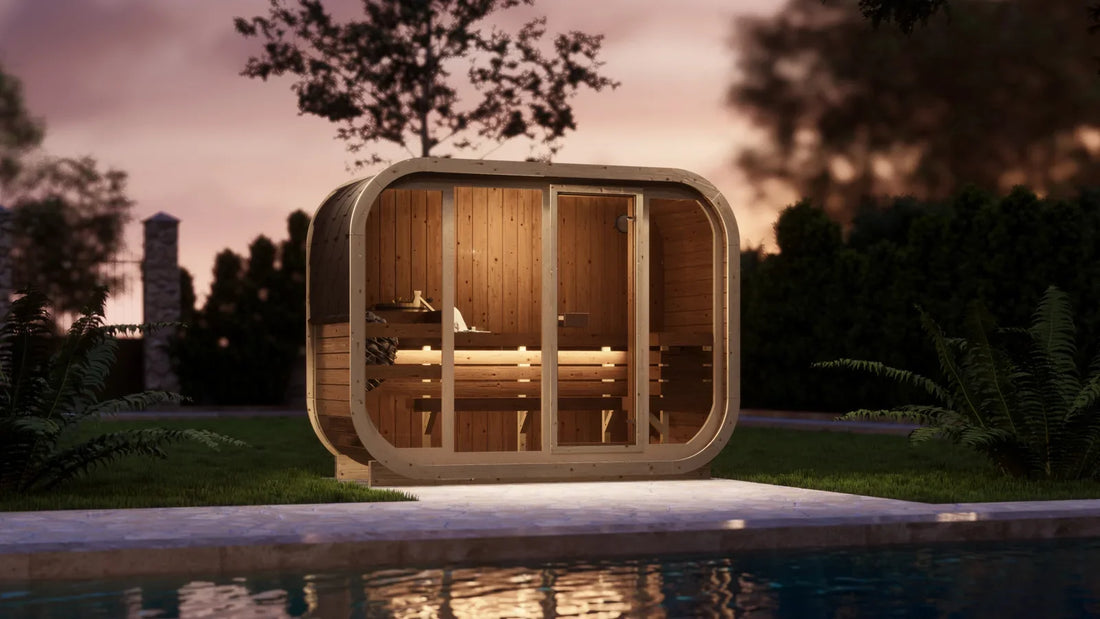 Outdoor thermowood sauna at night — premium garden sauna in the UK