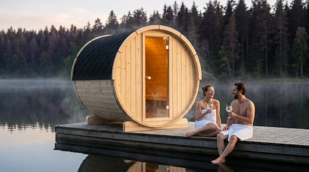 Sauna ogrodowa latem nad jeziorem (wizualizacja)