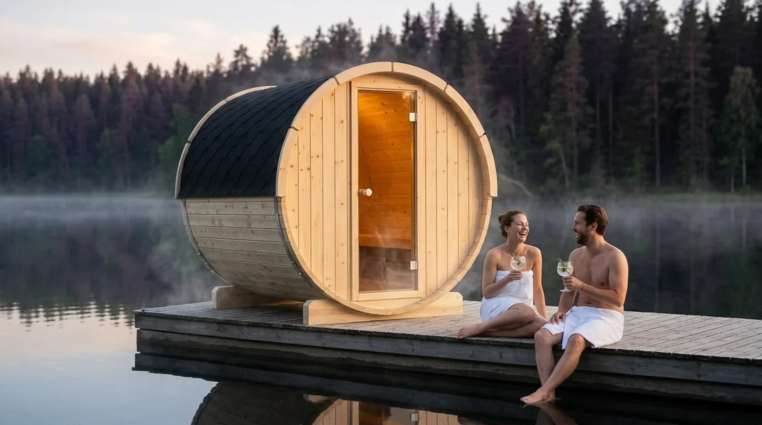 Sauna ogrodowa latem nad jeziorem (wizualizacja)
