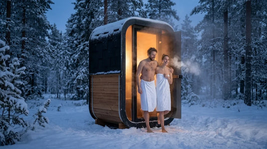 Wood-fired outdoor sauna in a snowy forest (visualisation)