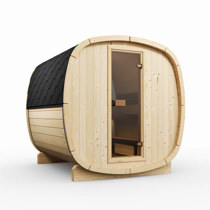 Sauna ogrodowa beczka UKU 230 z piecem – zestaw START dla 4–6 osób