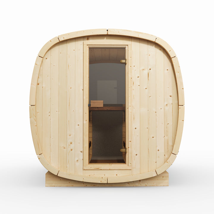 Sauna ogrodowa beczka UKU 230 z piecem – front, drzwi szklane