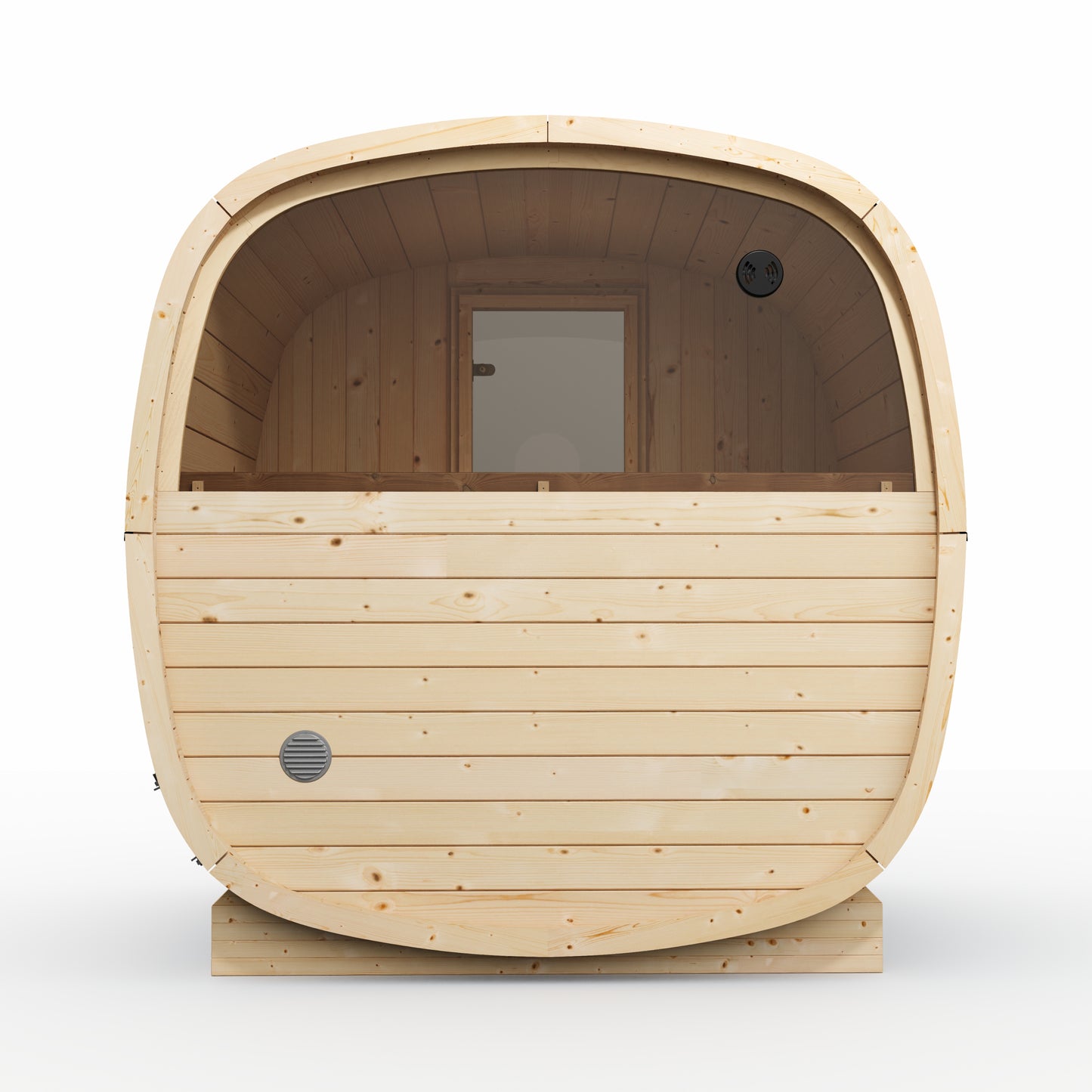Sauna R-UKU 160 — wnętrze i tylna ściana z oknem half-moon