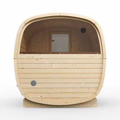Sauna R-UKU 160 — wnętrze i tylna ściana z oknem half-moon