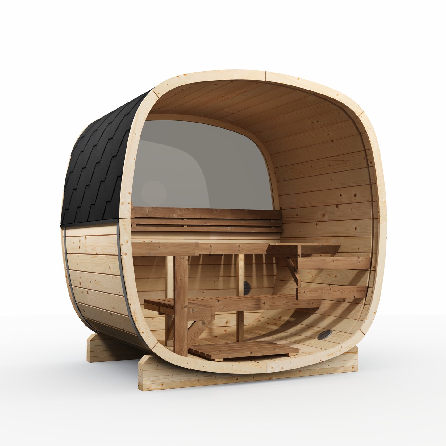 Sauna R-UKU 160 ze świerku nordyckiego — przekrój wnętrza z ławami dla 2–4 osób
