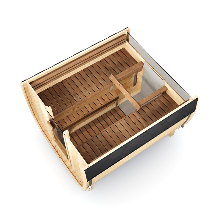 Sauna ogrodowa beczka UKU 230 z piecem – wnętrze z góry, ławki i podest