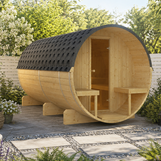 Sauna ogrodowa beczka EDA 350 z fińskiego świerku dla 6-8 osób