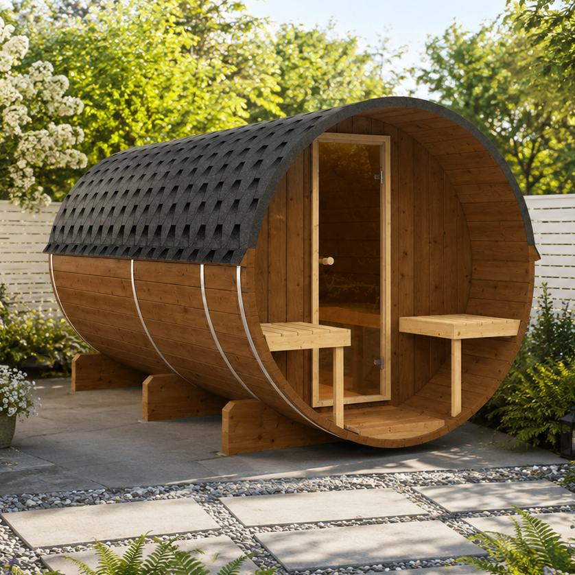 Sauna ogrodowa beczka EDA 350 z fińskiego świerku dla 6-8 osób