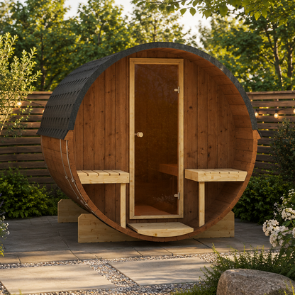 Sauna ogrodowa beczka EDA 280 z fińskiego świerku dla 6-8 osób