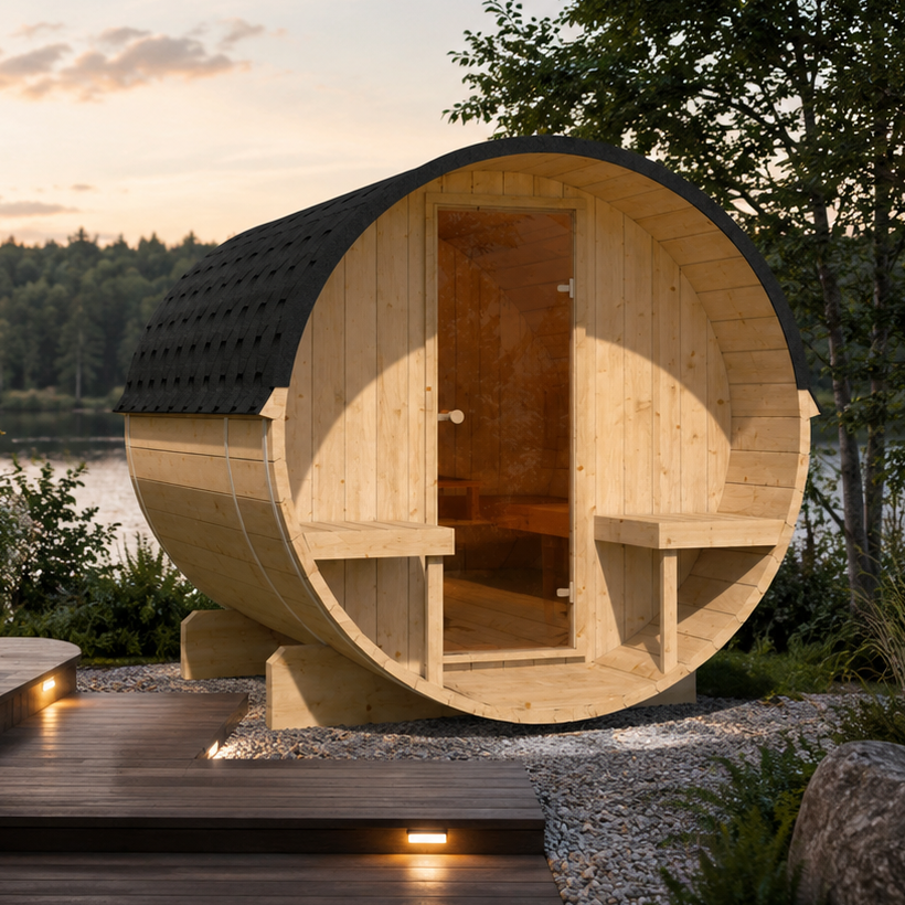 Sauna ogrodowa beczka EDA 250 z fińskiego świerku dla 6-8 osób