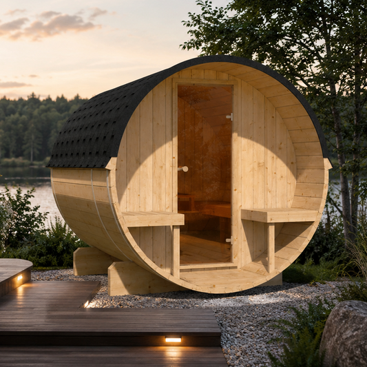 Sauna ogrodowa beczka EDA 250 z fińskiego świerku dla 6-8 osób