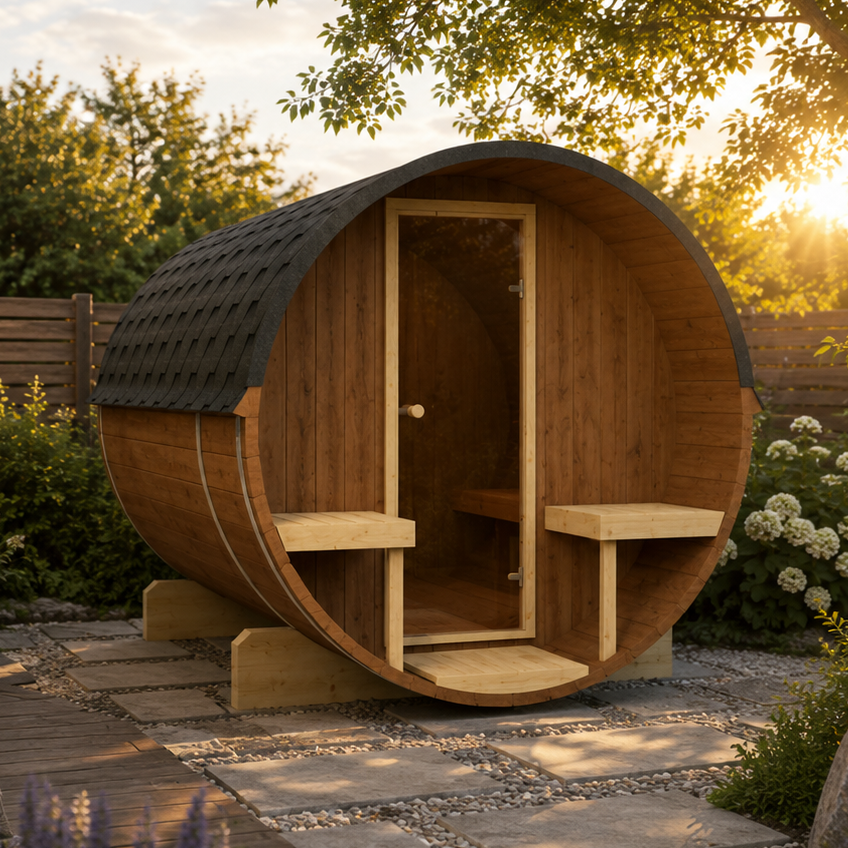 Sauna ogrodowa beczka EDA 250 z fińskiego świerku dla 6-8 osób