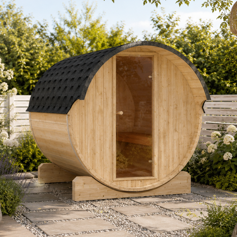 Sauna ogrodowa beczka EDA 235 z fińskiego świerku dla 4-6 osób