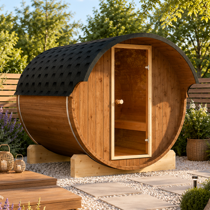 Sauna ogrodowa beczka EDA 235 z fińskiego świerku dla 4-6 osób