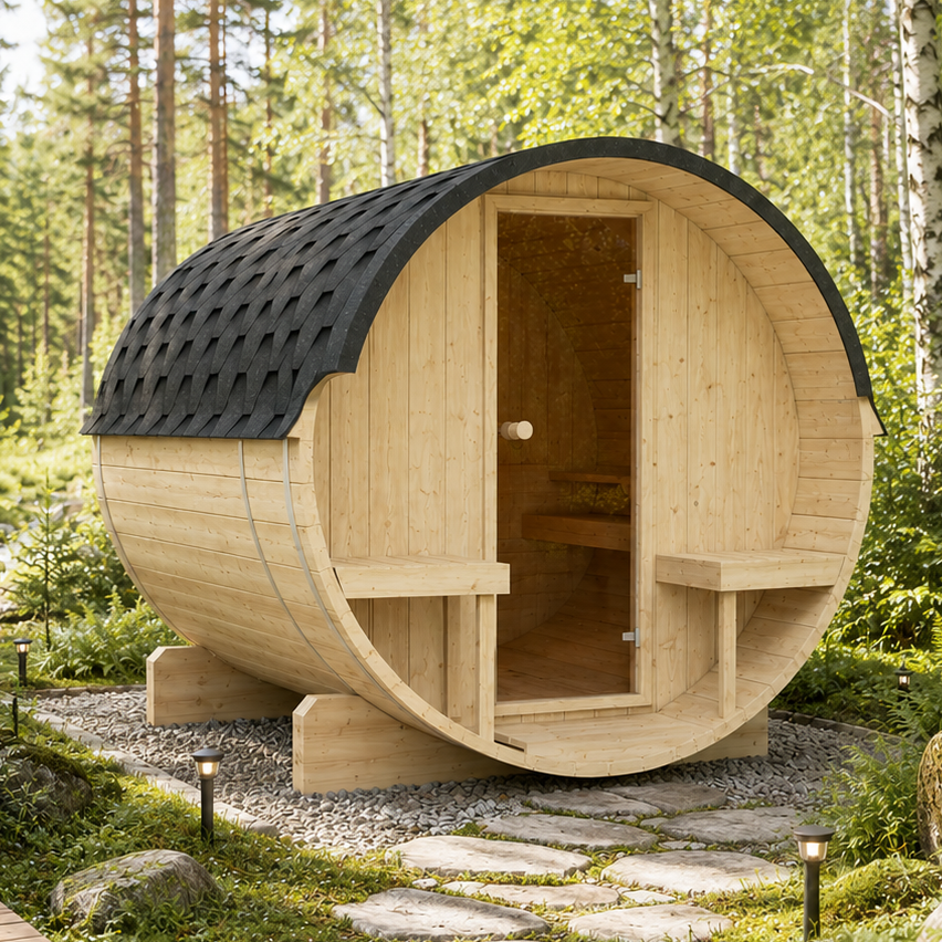 Sauna ogrodowa beczka EDA 200 z fińskiego świerku dla 4-6 osób