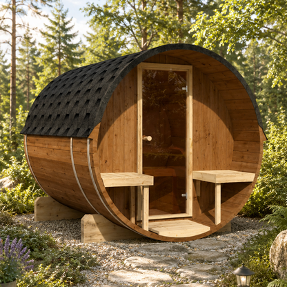 Sauna ogrodowa beczka EDA 200 z fińskiego świerku dla 4-6 osób