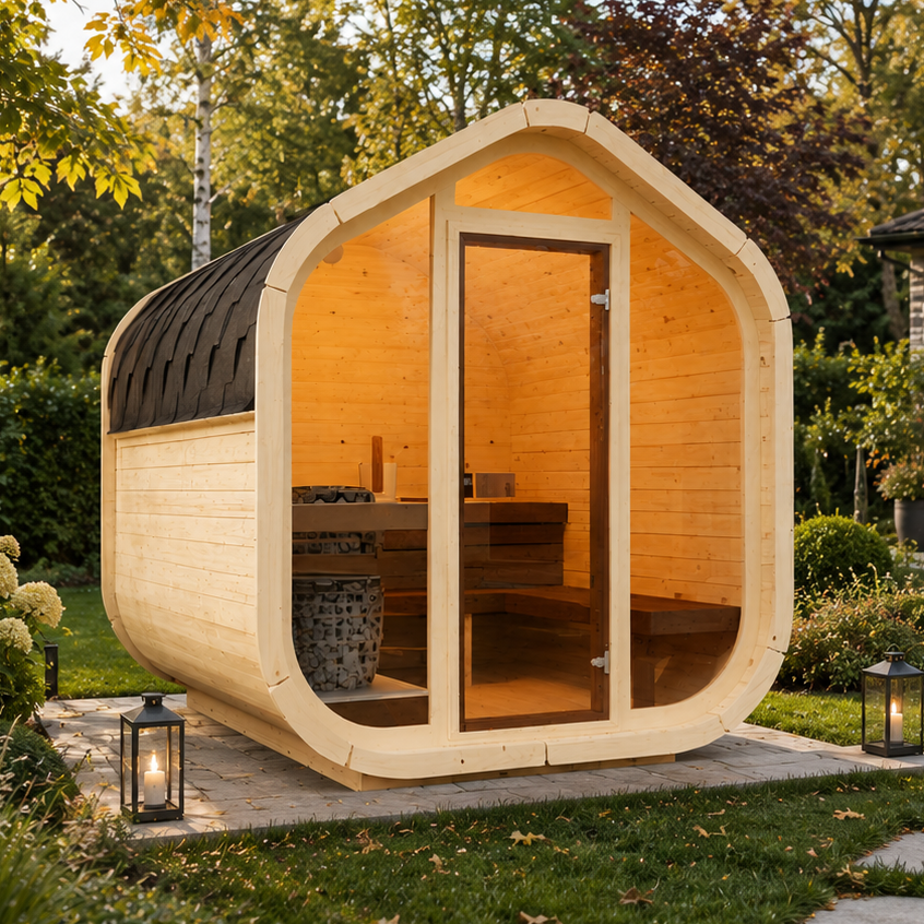 Sauna ogrodowa HIPP 230, domek z przeszklonym frontem dla 4-6 osób