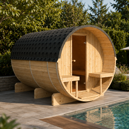 Sauna ogrodowa beczka EDA 400 z fińskiego świerku dla 6-8 osób