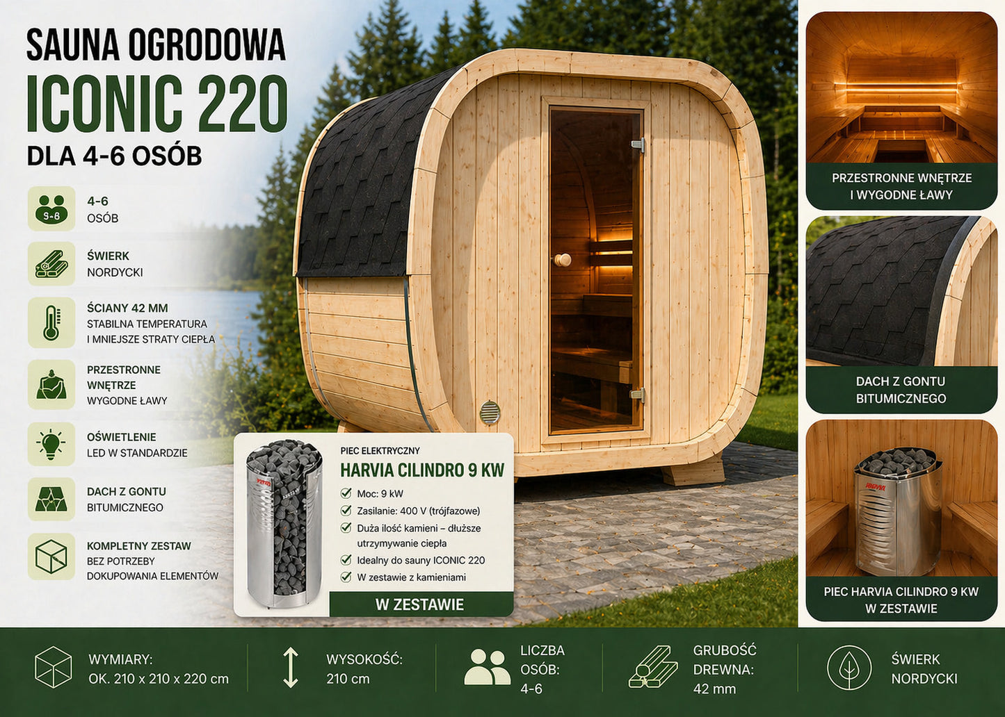 Sauna ogrodowa ICON 220 z piecem – zestaw dla 4-6 osób