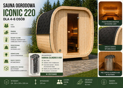 Sauna ogrodowa ICON 220 z piecem – zestaw dla 4-6 osób