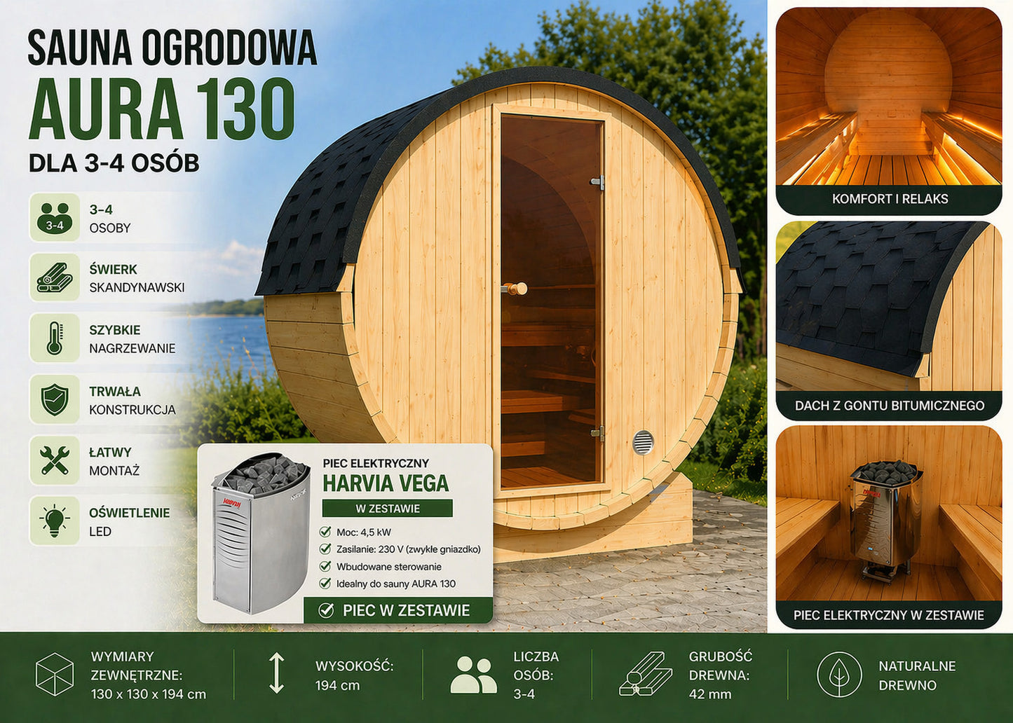 Sauna zewnętrzna ogrodowa beczka AURA 130 z piecem – zestaw dla 3–4 osób