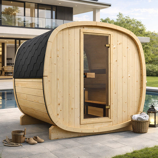 Sauna ogrodowa beczka UKU 230 z piecem – zestaw START dla 4–6 osób