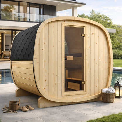 Sauna ogrodowa beczka UKU 230 z piecem – zestaw START dla 4–6 osób