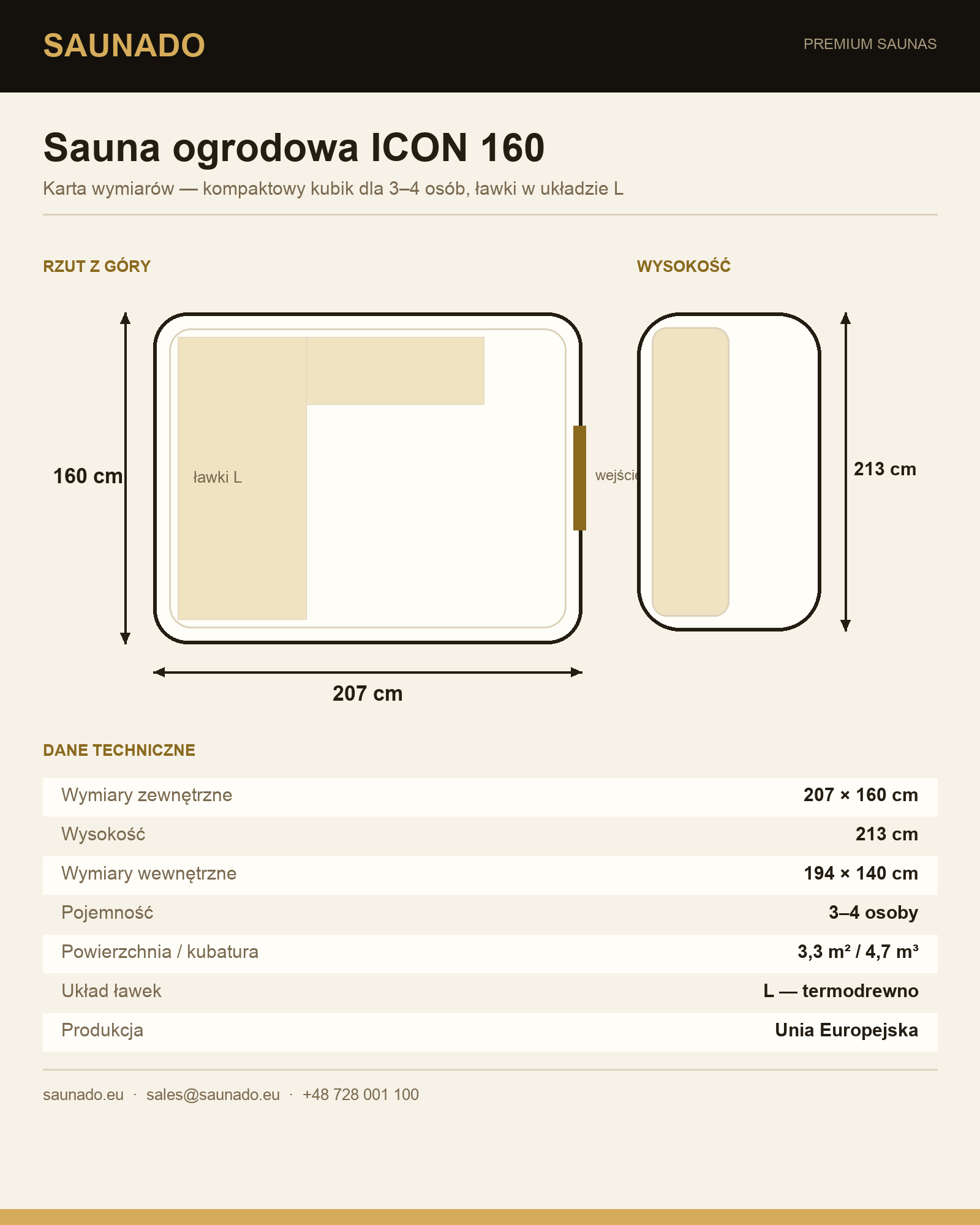 Karta wymiarów sauny ICON 160 — rzut 207 × 160 cm, wysokość 213 cm, dla 3–4 osób