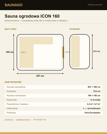 Karta wymiarów sauny ICON 160 — rzut 207 × 160 cm, wysokość 213 cm, dla 3–4 osób
