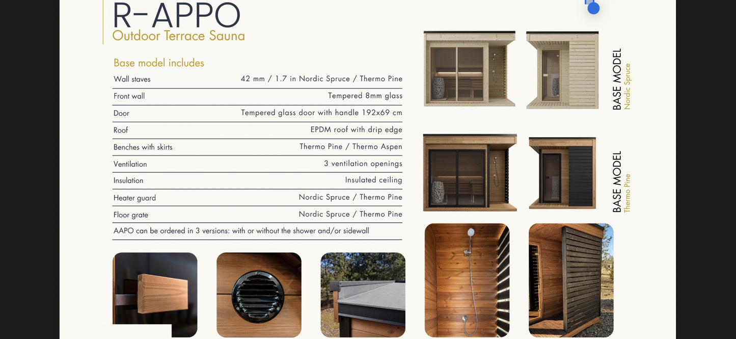 Outdoor garden sauna with shower R-APPO for 4-6 people