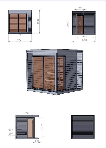 Wymiary sauna zewnętrzna ogrodowa L-HIKI dla 4-6 osób