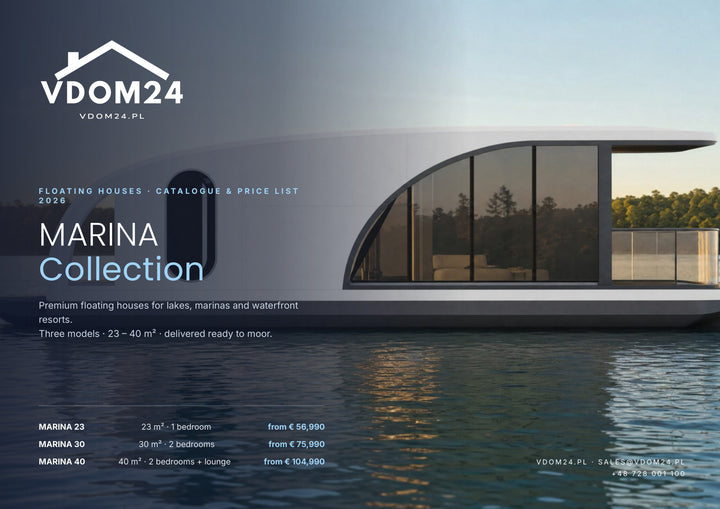 Katalog MARINA Collection 2026 — okładka: dom na wodzie MARINA 40 o zachodzie słońca, cennik houseboatów od 56 990 EUR (VDOM24)