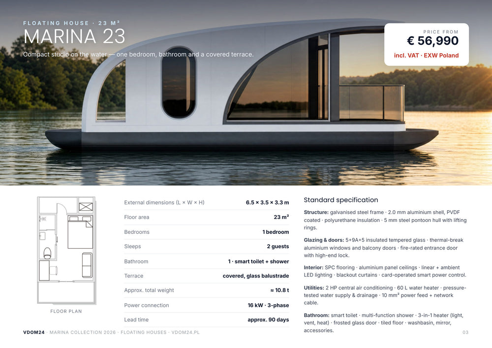 MARINA 23 — dom na wodzie 23 m²: rzut, wymiary 6,5 × 3,5 × 3,3 m, specyfikacja standardowa i cena od 56 990 EUR (karta z katalogu MARINA Collection 2026 VDOM24)