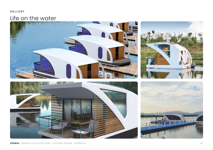 Houseboaty MARINA na jeziorze — osiedle domów na wodzie przy pływających pomostach, taras z widokiem na wodę, realizacja w marinie