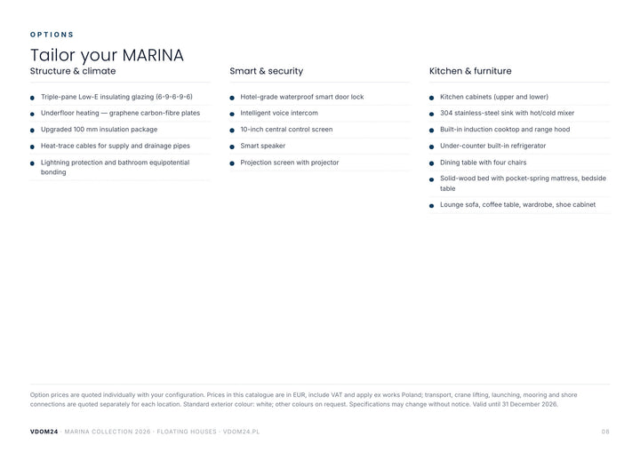 Opcje wyposażenia domu na wodzie MARINA: potrójne szyby Low-E, ogrzewanie podłogowe, smart lock, zabudowa kuchni i meble; warunki cenowe katalogu