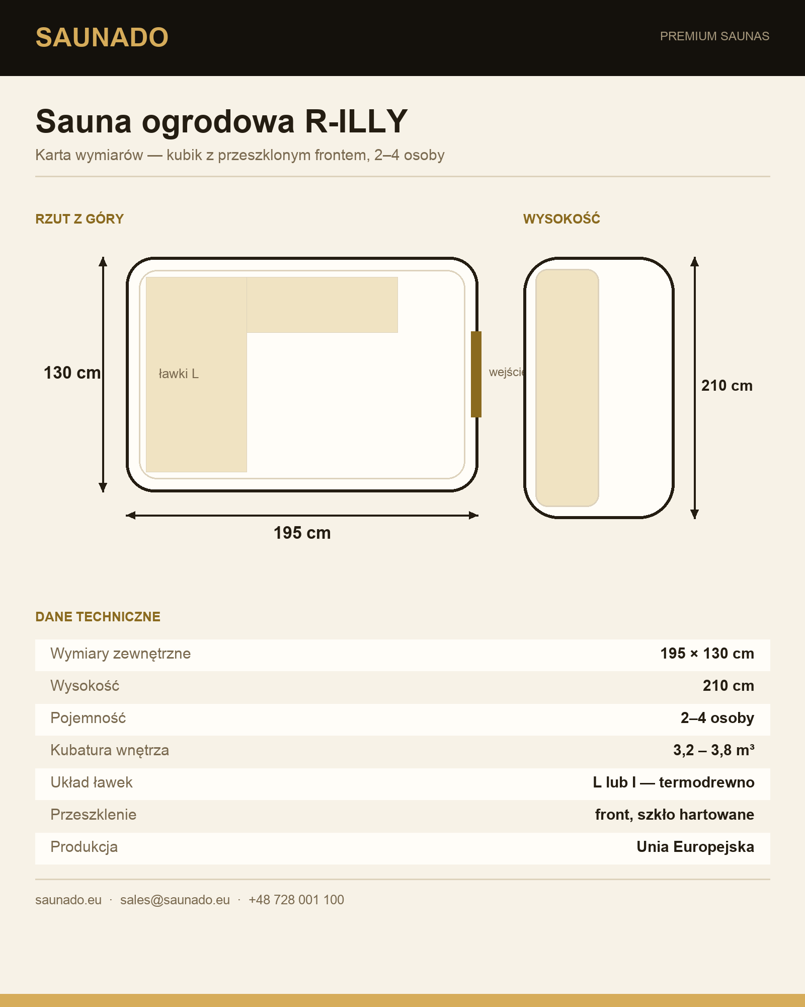 Karta wymiarów sauny ogrodowej R-ILLY — rzut 195 × 130 cm, wysokość 210 cm, dla 2–4 osób
