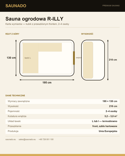Karta wymiarów sauny ogrodowej R-ILLY — rzut 195 × 130 cm, wysokość 210 cm, dla 2–4 osób