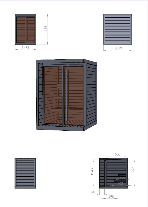 Wymiary sauna zewnętrzna ogrodowa S-HIKI dla 2-4 osób