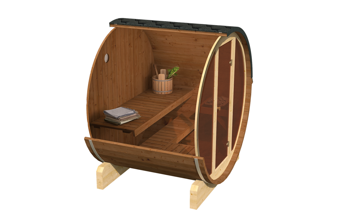 Sauna ogrodowa beczka AURA 130 dla 3-4 osób — wizualizacja wnętrza z ławką i akcesoriami