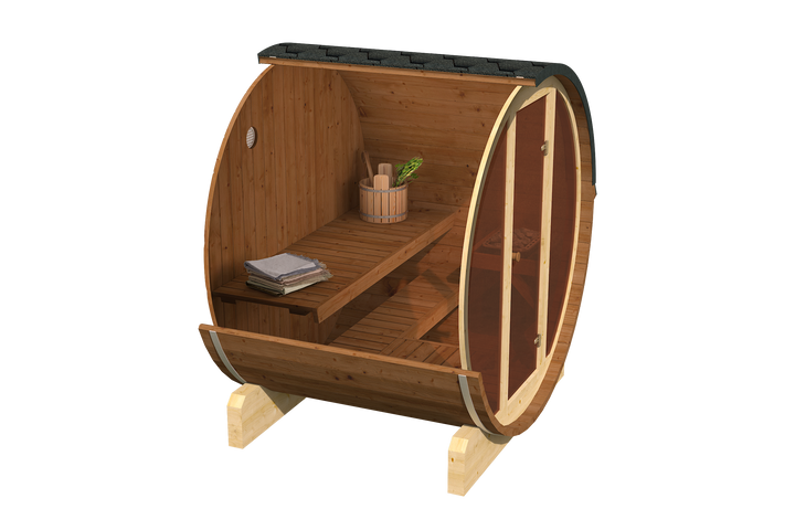 Sauna ogrodowa beczka AURA 130 dla 3-4 osób — wizualizacja wnętrza z ławką i akcesoriami