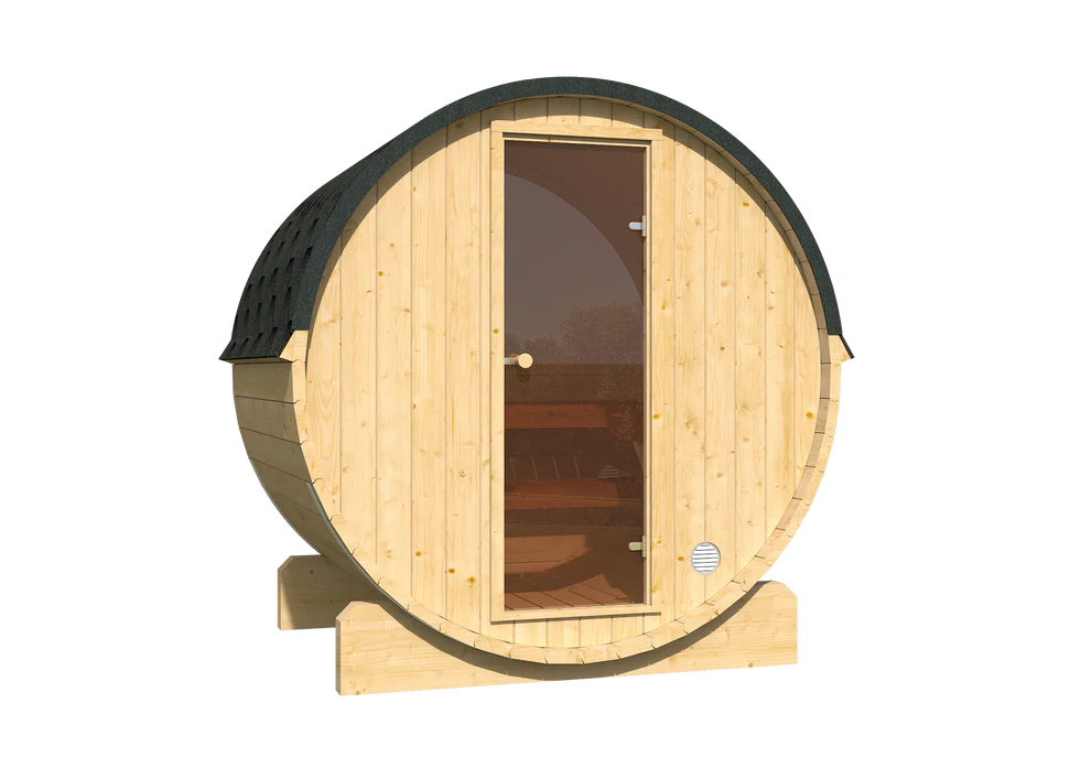 Sauna zewnętrzna ogrodowa beczka AURA 130 z piecem – zestaw dla 3–4 osób