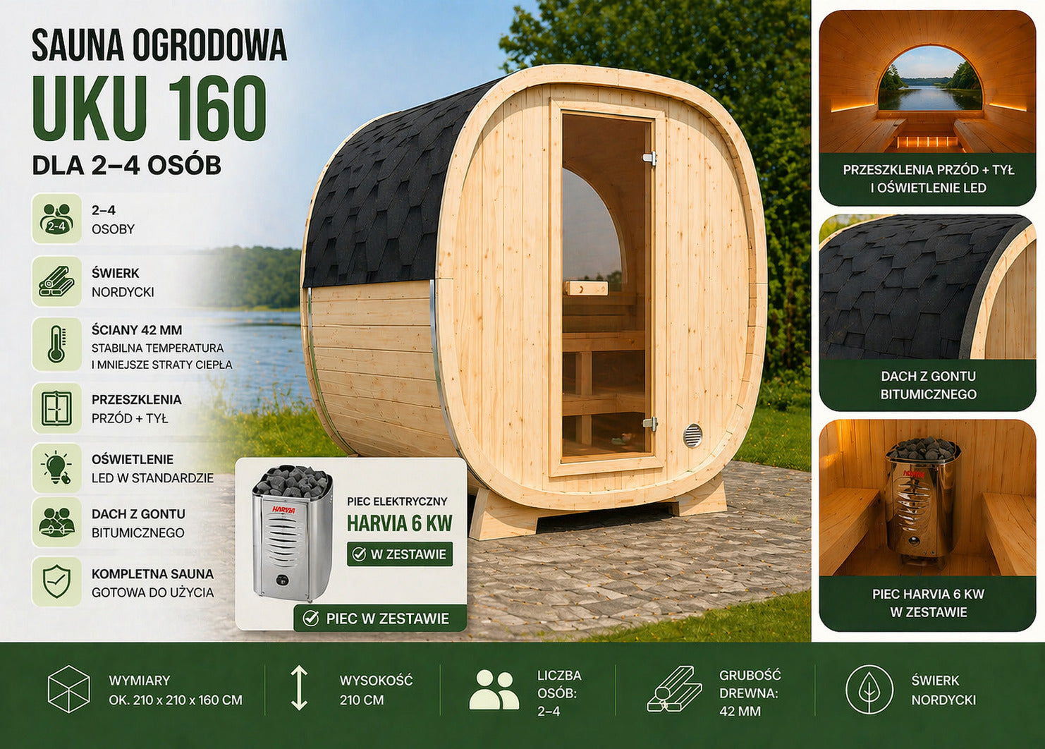 Sauna UKU 160 z piecem - zestaw dla 2–4 osób